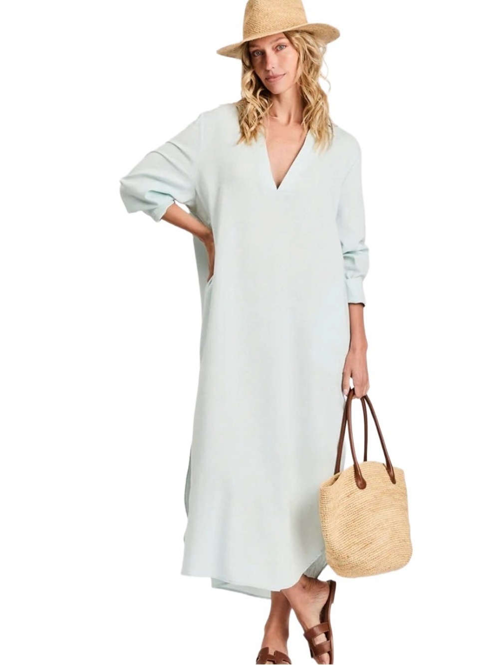 My Bodhi Tunic Kaftan Linen Kaftan Dress Aqua Deep V-Neck Collared NWT